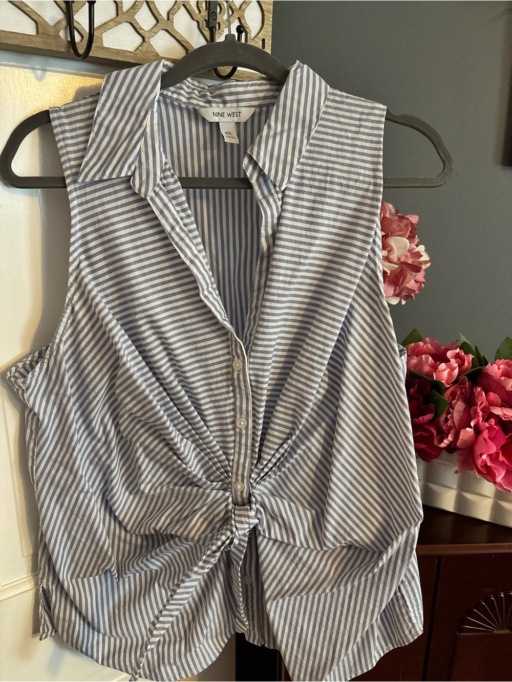 Nine West Blue & White Striped Twist Front Sleeveless Shirt